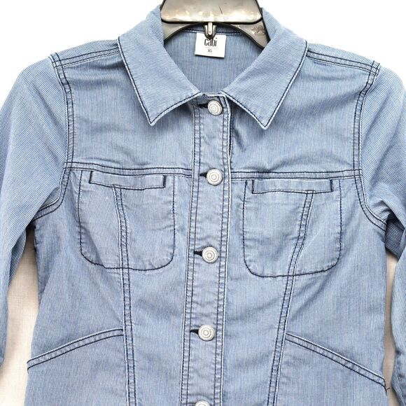 CAbi Stretch Denim Jean Jacket Size XS Blue & White Striped Decorative Buttons - Picture 2 of 7